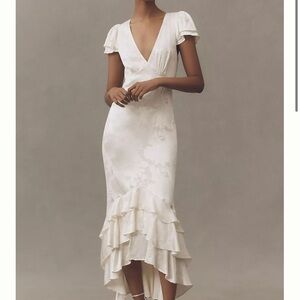 BHLDN Ruffle V-Neck Textured Midi Dress